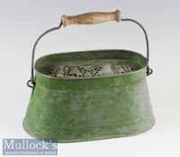 Neat Period Green japanned live bait kettle – with perforated lid and top – wooden handle –