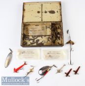 C Farlow & Co London Black Japanned lure box containing various lures by Farlow, Hardy, Rudge etc,