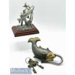 Interesting large and heavy brass paddock in the shape of a Carp - with ornate keys overall 7” and