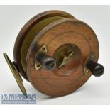 Large wooden and brass Nottingham star back big game reel 5 ½” dia’ twin handle^ on off check^ brass