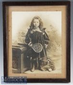 Early Tennis Photograph Depicting Little Girl holding Tennis Racket in frame measures 39x47cm