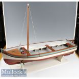 Large Wooden Model Sailing Boat in red and white^ measures 1m in length and 30cm width^ on base^