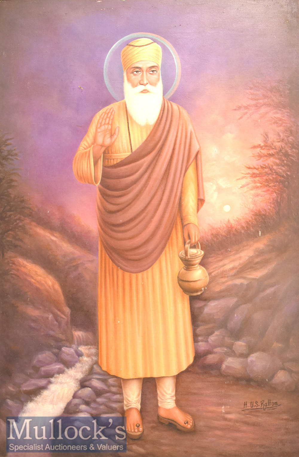 H U S Ratton Oil on Canvas Painting depicts Guru Nanak Dev Ji