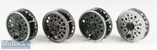 4x Shakespeare Beaulite Centrepin Fly Reels including 2 green examples^ a dark grey and a light grey