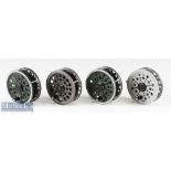 4x Shakespeare Beaulite Centrepin Fly Reels including 2 green examples^ a dark grey and a light grey