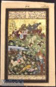 Early 20th Century Mughal Hunting Scene Miniature Painting with gold leaf^ depicts^ Horseback