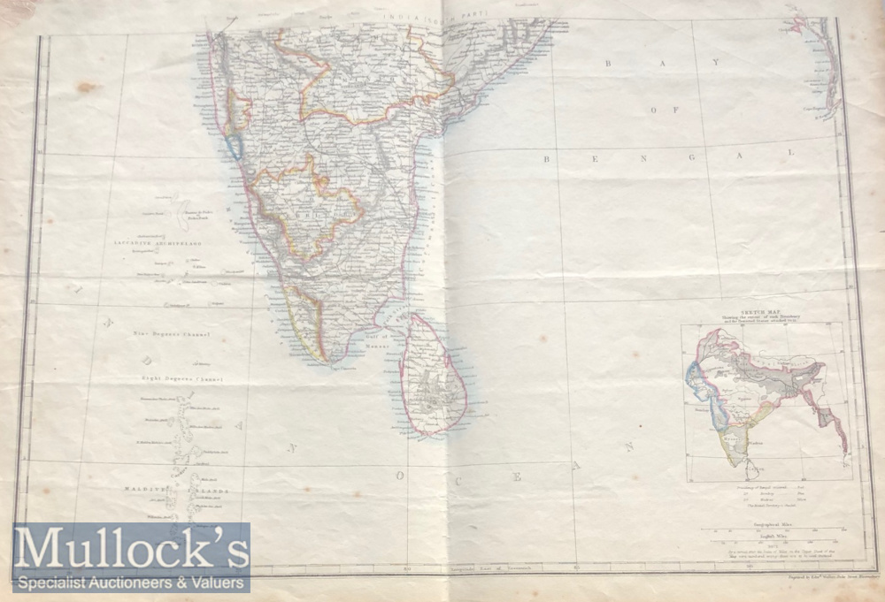 19th century Map of Southern India Published by Day & Sons. Hand coloured c1857. Dimensions 48 x