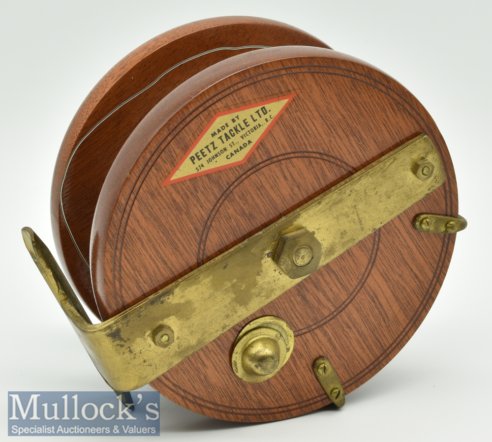 Peetz Tackle Canada 4 3/4” wood and brass sea reel Nottingham style^ with twin bulbous handles^ wing - Image 2 of 2