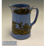 Scarce Blue Prattware Water Jug depicts Fox Hunting in Gold & Black transfer design measures 17cm