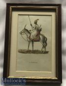 India - Original hand coloured steel engraving showing a Rajput warrior on horseback in original