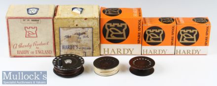 Hardy Spare Spools include 2x 3 1/8” plus a St George 3 1/4” spool^ all in boxes^ plus The Gem fly