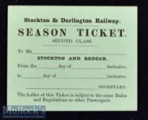 Stockton and Darlington Railway Company^ c1850-60s Ticket 2nd Class season ticket between Darlington