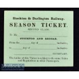 Stockton and Darlington Railway Company^ c1850-60s Ticket 2nd Class season ticket between Darlington