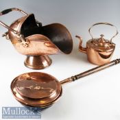 3x Brass Items to include large Coal Scuttle^ Kettle and Bed Warming Pan with wooden handle^ appears