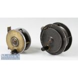 2x unnamed fly fishing reels 2 ¾” brass faced alloy reel with brass smooth foot^ and a 3 3/8”