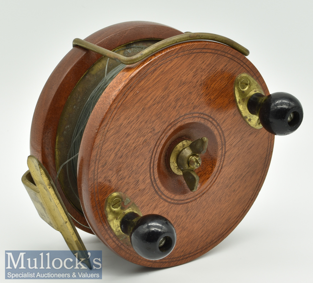 Peetz Tackle Canada 4 3/4” wood and brass sea reel Nottingham style^ with twin bulbous handles^ wing