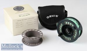 Orvis Rocky Mountain Fly Reel large Arbor III in green finish with rear tensioner in padded maker’