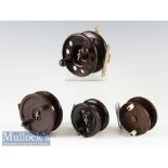 4x Bakelite centre pin reels includes 4” Modernite Pixie^ 3.75” Allcock Aerialite (2 holes to rear)^