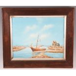20th Century Oil Painting of a Coastal Boat Scene unsigned^ in oak frame^ painting size 50cm x