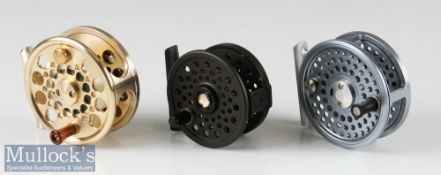 3x Modern Perforated Fly Reels: J W Young & Sons Jubilee 5100 2 7/8” with perforated foot^ Marado