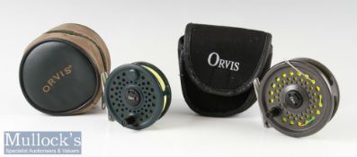 2x Orvis fly reels Rocky Mountain II with perforated body in green finish with rear tensioner with