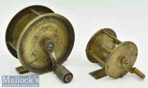 2x Brass crank wind reels to include an unnamed 3 ½” 3x pillar reel with ebony handle^ smooth foot