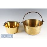 2x Brass Cauldron Jam Pots both with iron handles^ diameters measure 32cm and 25cm