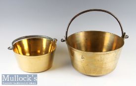 2x Brass Cauldron Jam Pots both with iron handles^ diameters measure 32cm and 25cm