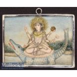 Indian Miniature Painting of Goddess Ganga upon Crocodile measuring 8x5.5cm approx. with later