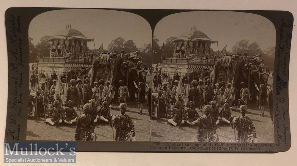 India - Original stereo view elephant carriage of H H the Maharaja of Rewah Calcutta pageant c1900s