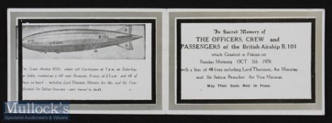 Airship R101 Memoriam Card 1931 With illustration of the Airship^ Text giving memoriam and list of