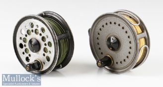 J W Young & Son ‘Beaudex’ 4” fly reels to include a wide drum black mottled finish^ wire line guide^