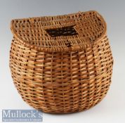 Wicker Fishing Creel pot belly style shape with leather strap^ no carrying strap with rectangular