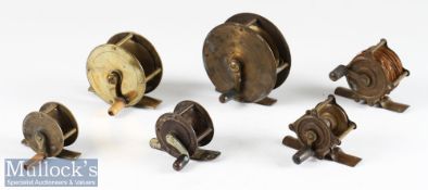 Collection of various brass crank wind reels (6) – ranging in size from 1.5” dia to 2.75”^ 2x with