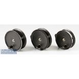 3x J W Young Condex alloy Fly Reels 2x 3 3/8” examples^ wide drum and a narrow drum^ and a 3 1/8”