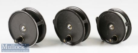 3x J W Young Condex alloy Fly Reels 2x 3 3/8” examples^ wide drum and a narrow drum^ and a 3 1/8”