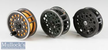 3x Shakespeare Centrepin Fly Reels including 2 Beaulite^ one grey one green^ green example heavily