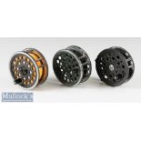 3x Shakespeare Centrepin Fly Reels including 2 Beaulite^ one grey one green^ green example heavily