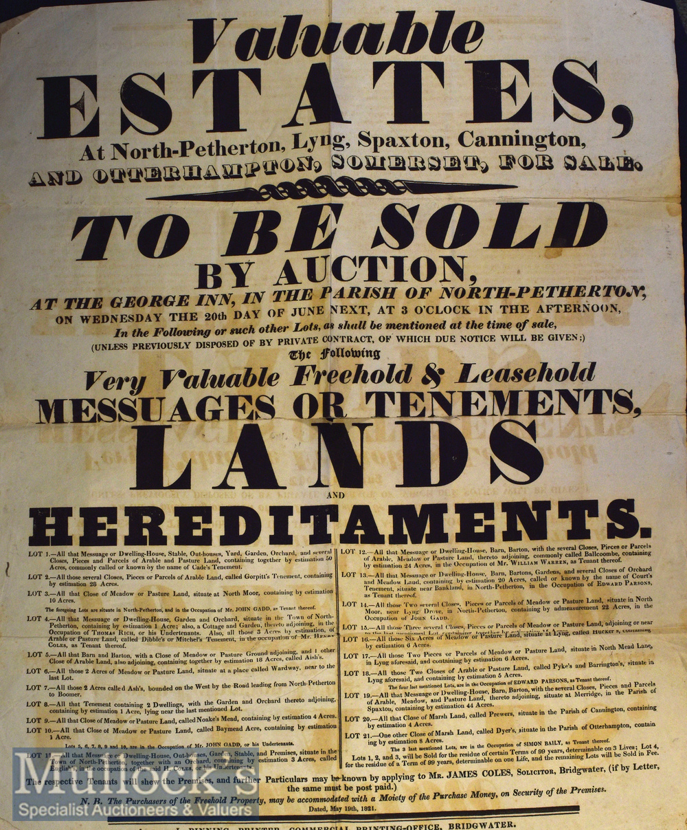 Somerset – Large Broadside ‘Valuable Estates to Be Sold by Auction’ At North-Petherton^ Lyng^