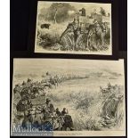 India – Two Original 1876 Engravings The Prince of Wales in the Terai^ Beating the Jungle measures
