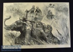 India - Nepal - The Prince of Wales Elephant Charged by a Tiger original double page engraving