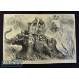 India - Nepal - The Prince of Wales Elephant Charged by a Tiger original double page engraving