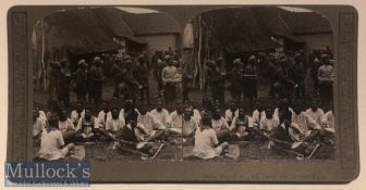 India – WWI Original stereo view Sikh soldiers with their priest Singing religious chants outside
