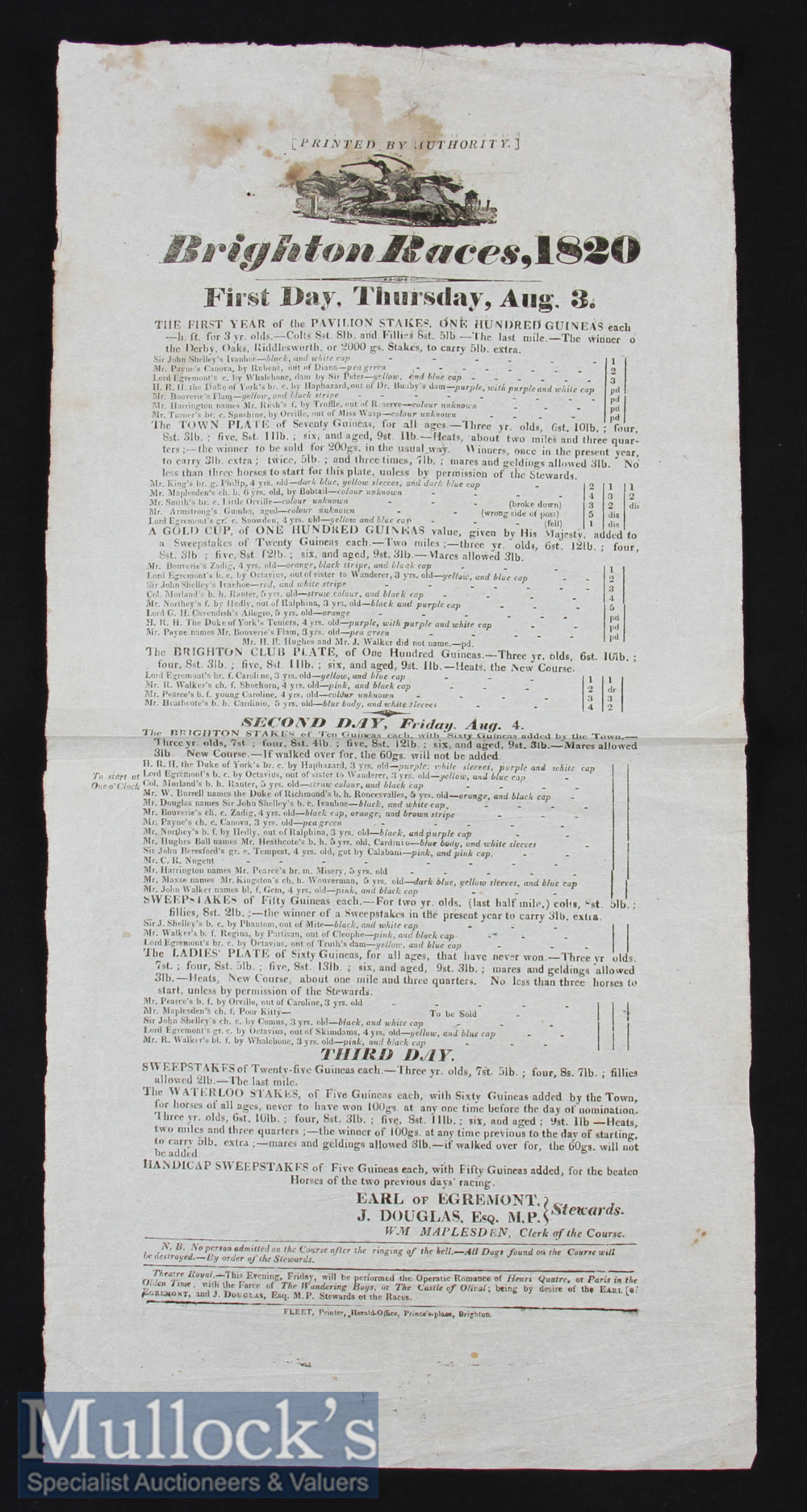 Brighton Races 1820 Poster – a large early Poster For Horse Racing Featuring fine detailed