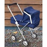 1970s Children's Pram/Push Chair in blue cloth^ measures 50cm in length approx.