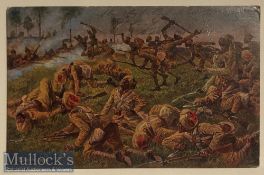 WWI Indian Military Postcard comic postcard showing Sikh regiments charging the German trenches