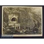 India - Buddhist Rock-Cut Temple^ Ajunta 1876 original engraving with text information to reverse^