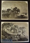 India - Two engravings after paintings by Berard The Abolutions on the Banks of the Ganges and