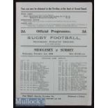 1938 Middlesex v Surrey County Rugby Programme: Traditional Richmond Athletic Ground issue, blue 4pp