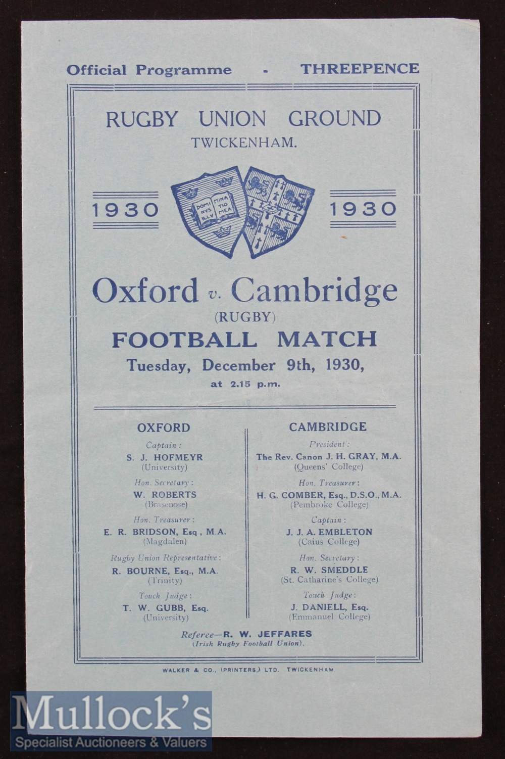 1930 Oxford v Cambridge Varsity Match Rugby Programme: A 3-3 draw with Vivian Jenkins’ first Blue